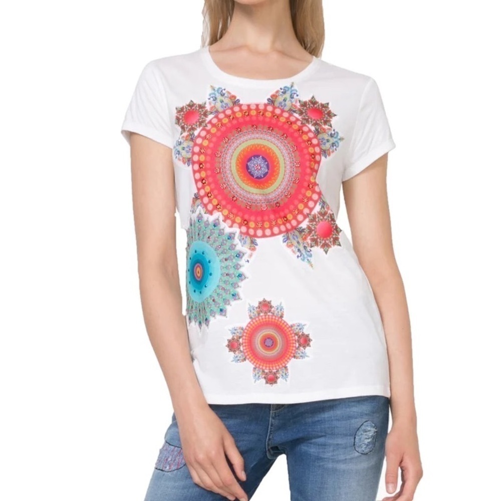 Desigual Mandala Applique T-Shirt Colorful Artsy Short Sleeve Boho Jewels Small
